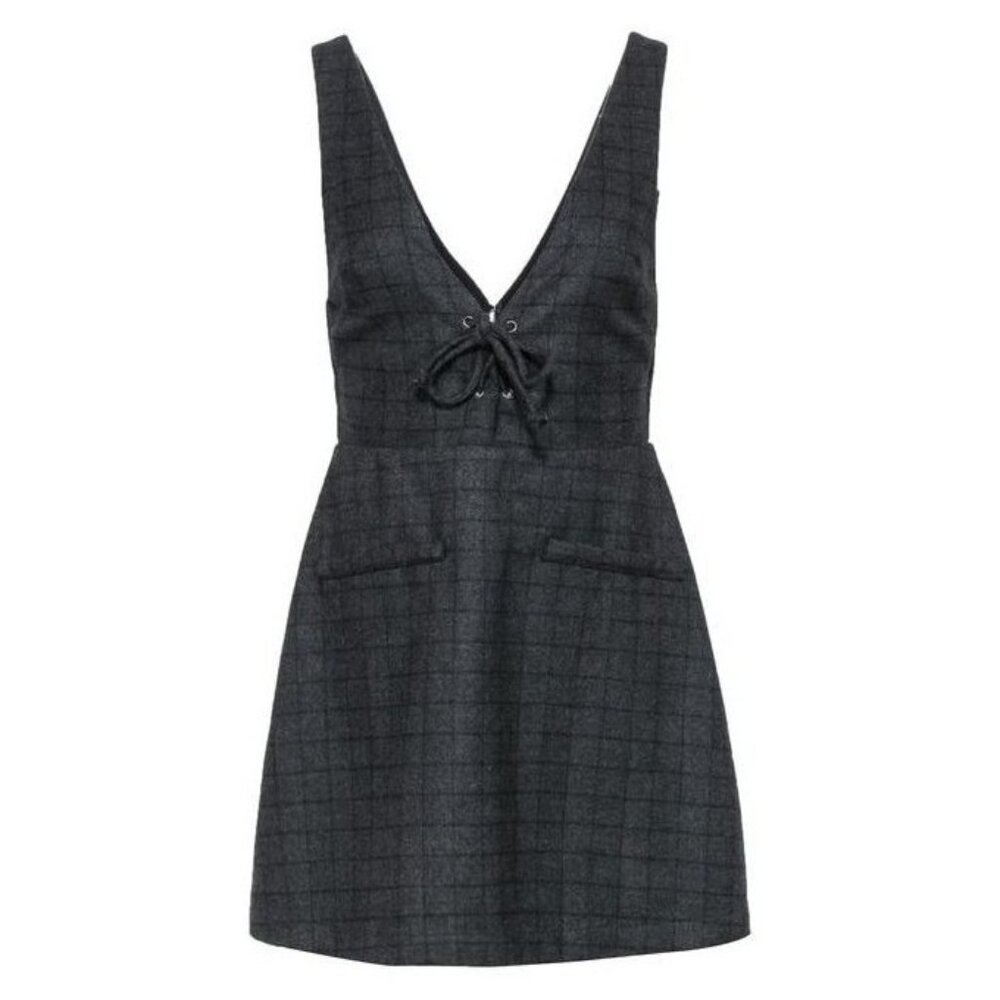 reformation rigley plaid mini dress v neck tie zipup charcoal size 4 - Picture 2 of 8